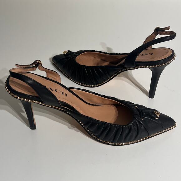 Coach Black Leather Slingback Heels w/ Gold Bead Detail | Size 7 - Picture 10 of 10